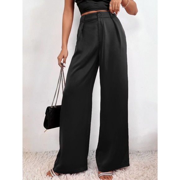 High Waist Plicated Detail Satin Tailored wide leg dress Pants black - Picture 5 of 6